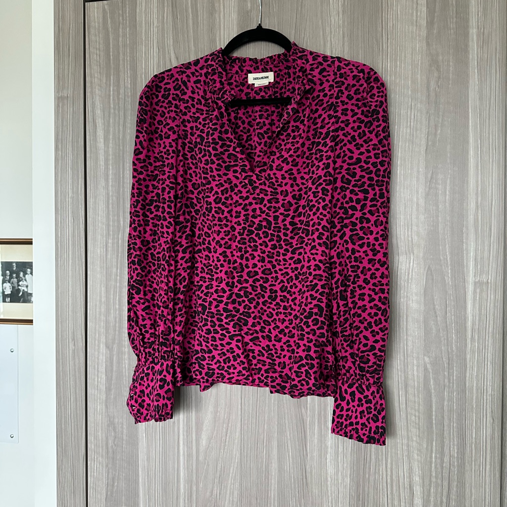 Zadig & Voltaire Titus Print Leo Hot Pink And Black V-Neck Blouse